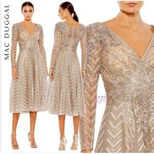 Mac Duggal 20399 Embellished Long‎ Sleeve Wrap Over Dress Taupe Size 20